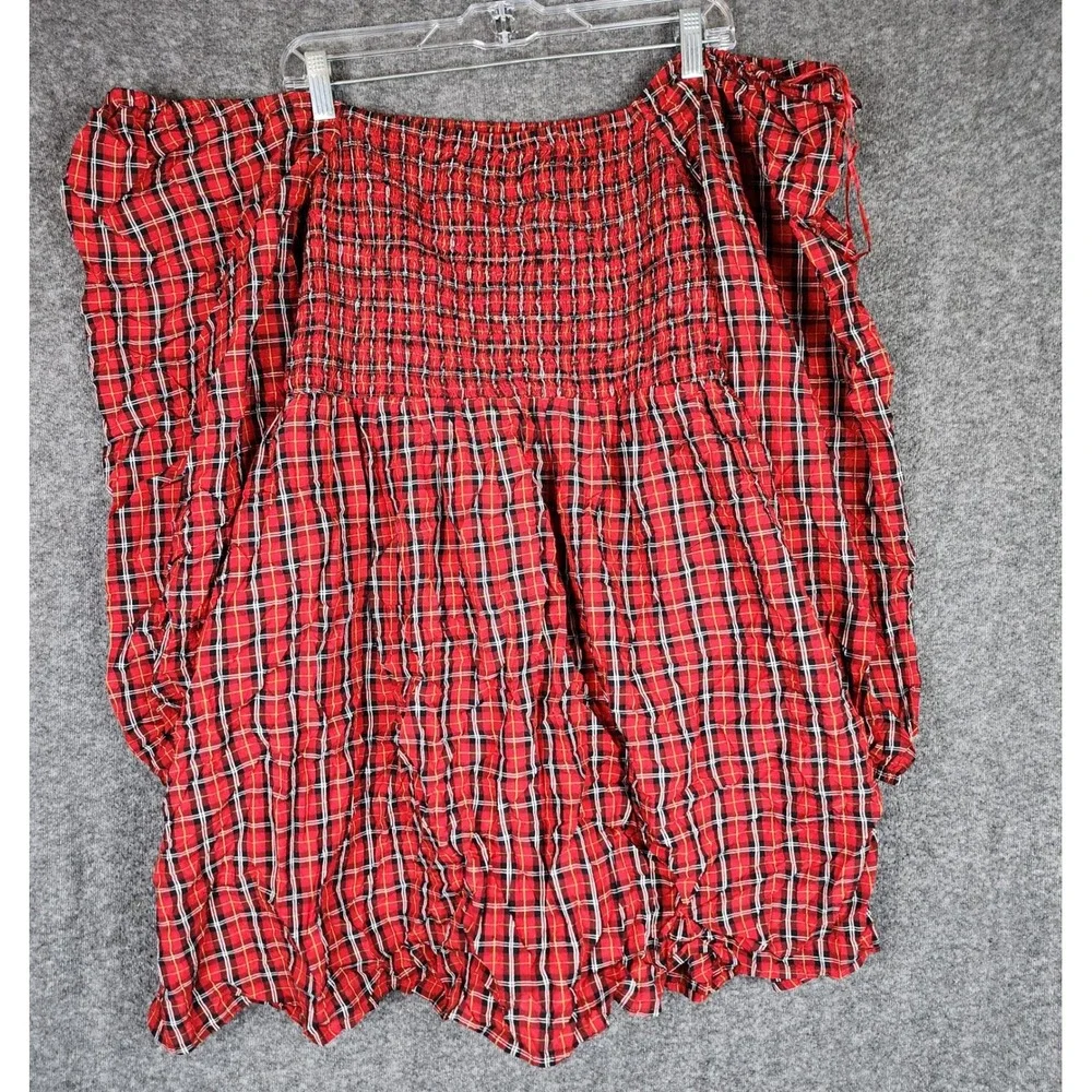 Old Navy Top Womens XXL Smocked Off-the-Shoulder Red Plaid Long Sleeve EUC